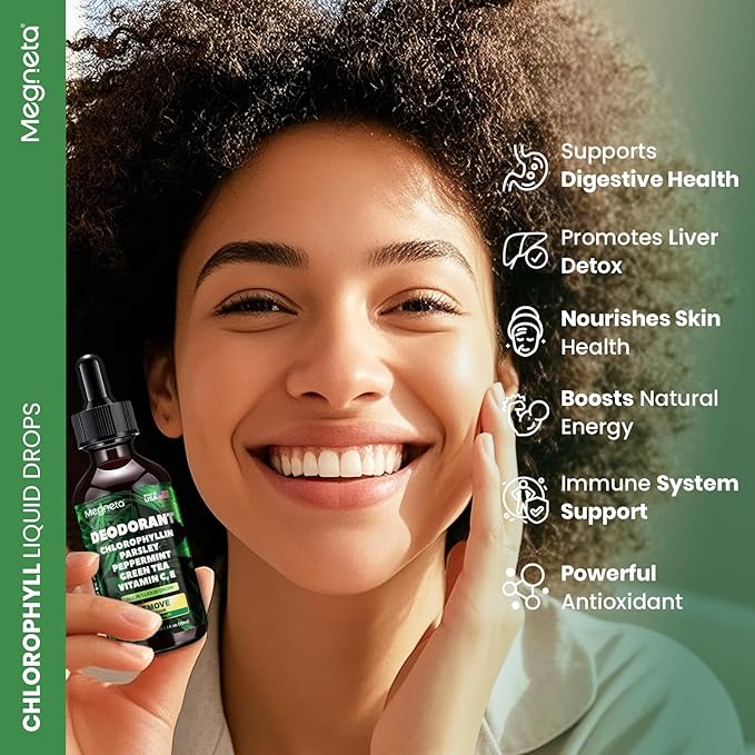 Chlorophyll Liquid Drops – Body Deodorizing Supplement for Women & Men – Detox, Energy & Skin Health Support– Vegan, Non-GMO, 2 Fl Oz
