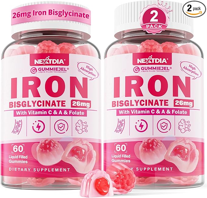 Iron Bisglycinate 26mg Filled Gummies- Gentle Beet Root Iron Gummy plus Vitamin C, Supplement Iron with B12 & Folate for Women & Men, Iron Deficiency, Immune & Energy Support, Sugar-Free, Vegan,120Cts