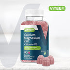 Viteey Calcium Magnesium Zinc Gummies with Vitamin D3 - Supports Bone Health, Nerve & Immune Function - Calcium Magnesium Zinc D3 for Adults & Teens - GMO Free - Chewable Raspberry Flavored Gummy