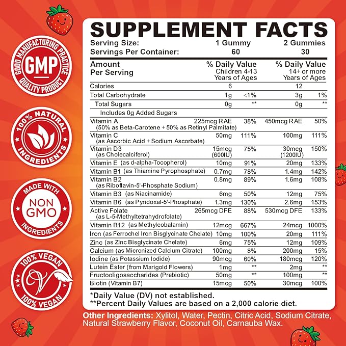 2PCS Iron Gummies for Kids & Teens, Kids Multivitamin with Iron Supplement, Calcium, Folate, Zinc, Prebiotic - for Blood Builder & Energy Support, Iron Deficiency - Vegan & Non-GMO - 120 Count