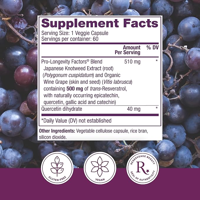 Reserveage Beauty, Resveratrol 500 mg, Antioxidant Supplement for Heart and Cellular Health, Supports Healthy Aging and Immune System, Paleo, Keto, 60 Capsules