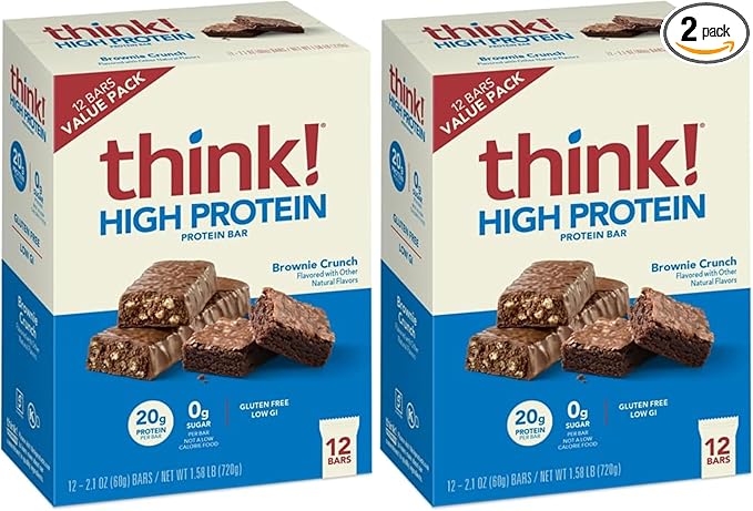 think! Protein Bars, High Protein Snacks, Gluten Free, Sugar Free Energy Bar with Whey Protein Isolate, Brownie Crunch, Nutrition Bars without Artificial Sweeteners, 2.1 Oz (12 Count) (Pack of 2)