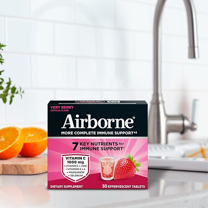 Airborne 1000mg Vitamin C with Vitamin D & Zinc, Sugar Free Multivitamin Immune Support Supplement, Antioxidants Vitamins A C & Vitamin E, 30 Effervescent Tablets, Very Berry Flavor