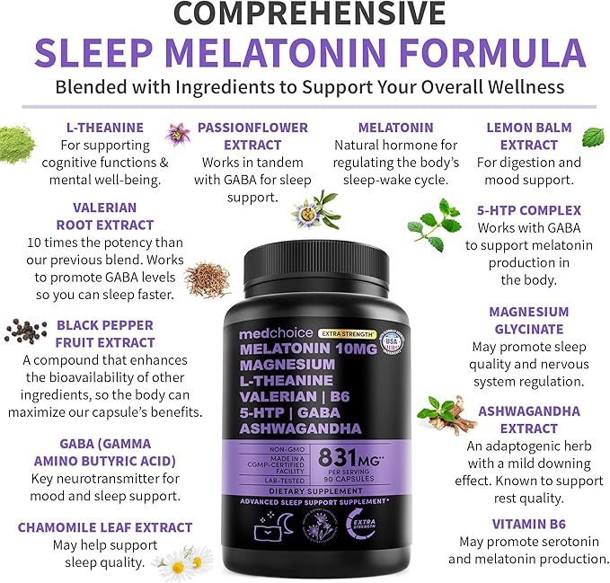 12-in-1 Melatonin Sleep Extra Strength Capsules - 10mg Melatonin Extra Strength with Magnesium and Balanced Blend of Ashwagandha, GABA, Chamomile Extract, L-Theanine & Valerian Root 10:1 Extract 90ct
