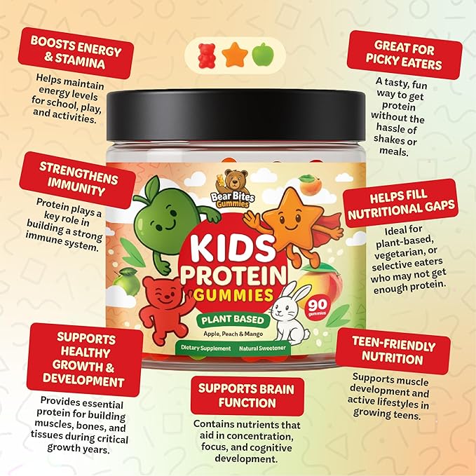 Bear Bites Gummies-Plant Based Kids Protein Gummy– Vegan, Sugar-Free, Gluten-Free, Vitamin C – Immunity Booster, Protein Snacks –Tasty Apple, Peach, Mango Flavors –90 Count –No Artificial Flavors