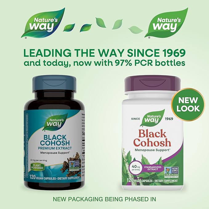 Nature's Way Black Cohosh Premium Extract, Helps Reduce Night Sweats and Promotes Restful Sleep for Women During Menopause*, 40 mg per Serving, 120 Vegan Capsules (Packaging May Vary)