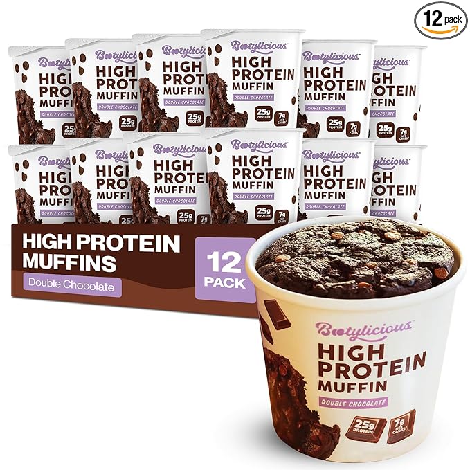 Bootylicious | 25g Protein Muffin | Double Chocolate | Low Carb, 16g-18g Fiber, Low Glycimic Index, Low Sugar, 2.75oz Cup, 12-Pack