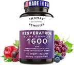 Thomas' all-natural Remedies Resveratrol 1600mg Organic Trans-Resveratrol Antioxidant Supplement with Organic Grape Seed Extract and Quercetin- Anti-Aging and Cardiovascular Support- 120 Capsules