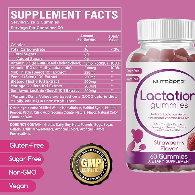 NutraPep Lactation and Postnatal Support Gummies - Milk Production Supply Increase Supplements for Breastfeeding Women - with Vitamins D3 B12 Milk Thistle Fennel Seed Moringa Sunflower Lecithin