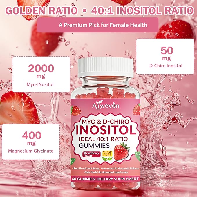 Myo-Inositol & D-Chiro Inositol Gummies 40:1 Ratio – Hormone Balance Supplement for Women – Ovarian & Fertility Support with Vitamins – Myo Chiro Inositol Gummies for Womens Health, 60 Count