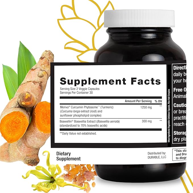 Durable Turmeric - 1250 mg Meriva Curcumin, 29X More Absorption + Boswellia – Joint Comfort, Mobility & Healthy Inflammation – Doctor Formulated, Vegan, Non-GMO, Made in USA (60 Capsules)