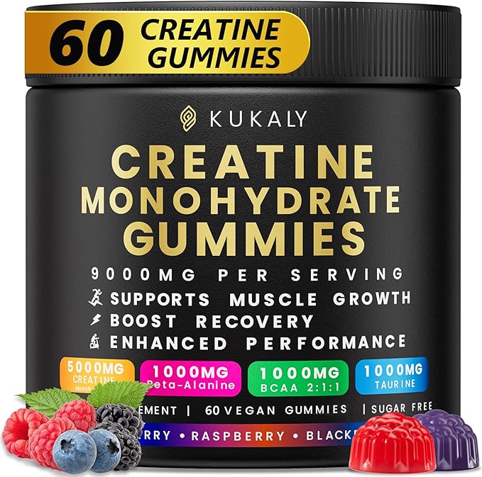 kukaly Creatine Monohydrate Gummies for Men & Women, Creatine Gummies Sugar Free, Mixed Flavored with L-Taurine, BCAA 2:1, B12 B6 for Boost Strength, Focus & Endurance, Vegan, Non-GMO, 60pcs