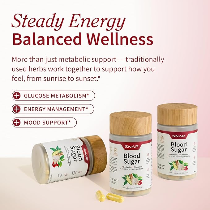 Snap Supplements Blood Sugar Blend with Berberine, CoQ10, Cinnamon, and Gymnema to Support Already Healthy Blood Sugar, Metabolic Health and Energy, Sugar Free, 60 Capsules (Packaging May Vary)