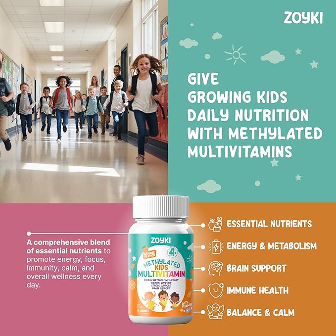 Methylated Multivitamin Gummies for Kids - Children’s MTHFR Support Supplement with B Complex 5-MTHF Folate (L-Methylfolate) B1 B3 B6 B12 Biotin Vitamins A C D3 E - Vegan Gluten-Free Sugar-Free