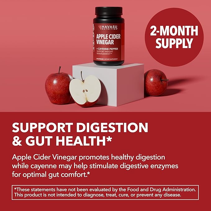 Apple Cider Vinegar Capsules with Cayenne Pepper - Bloating Relief and Appetite Suppressant - 500mg ACV and 20mg Capsicum Annuum Per Serving Unflavored - 60 Count - Vegan, Non-GMO - 2 Month Supply