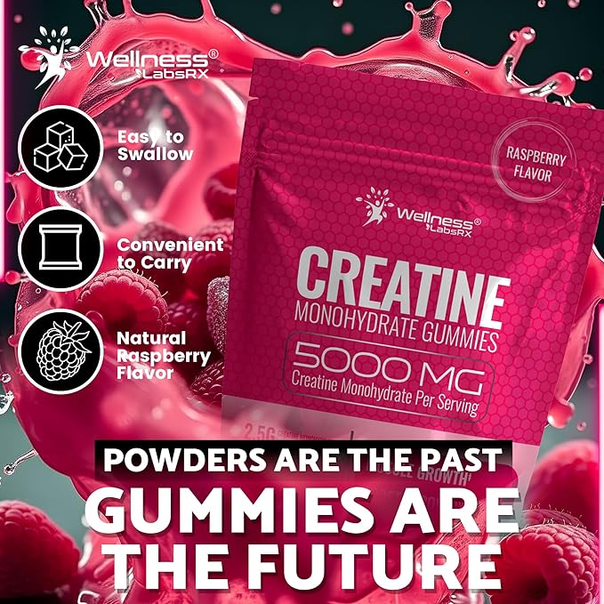 Creatine Gummies 5000mg, 30 Servings Creatine Monohydrate Gummies - Third-Party Tested Creatine for Women, Raspberry Flavor Creatine for Men, Muscle Growth, Strength, and Recovery - Pack of 1