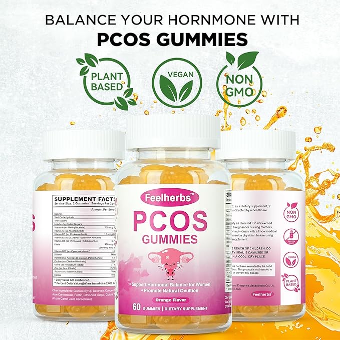 PCOS Gummies for Women Menstrual Cycle & Hormonal Balance, 60 Count Ovarian Support Gummies with Myo-Inositol, Folate and Vitamins, Orange Flavor PCOS Vitamins Gummies Helps Fertility and Ovulation
