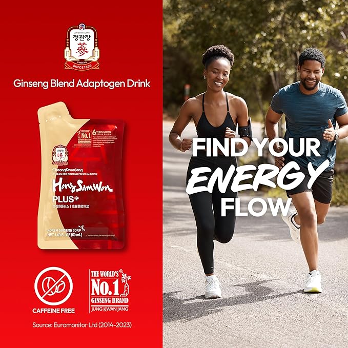 JUNG KWAN JANG US HongSamWon Plus - Korean Red Ginseng Tea, Pre and Post Workout Herbal Energy Drink with Jujube & Reishi Mushroom - Caffeine Free, Gluten Free, Non-GMO (30 Pouches, 1.69 fl oz)
