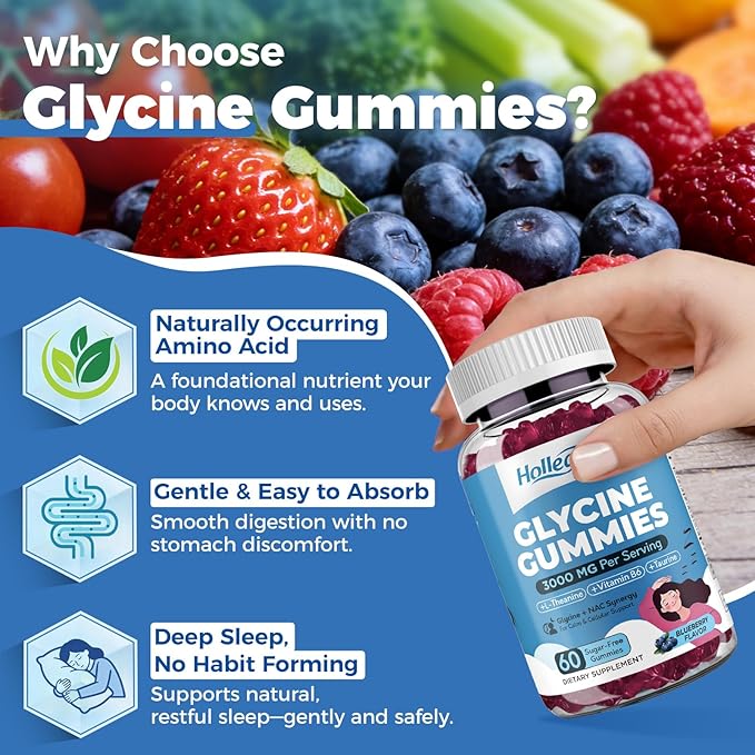 Glycine 3g Gummies, Organic L-Glycine with NAC Supplements for Sleep & Cellular Support, Plus B6, L-Theanine & Taurine for Nerve, Liver Detox & Immune Health, Sugar Free, Vegan, 60 Chews