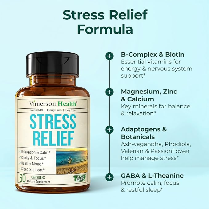 Stress Relief Supplement with 5HTP, Ashwagandha, Valerian, St John’s Wort, GABA, Chamomile & B-Vitamins - Promotes Relaxation, Sleep, Calm & Balanced Mood, Energy & Focus. Vegan, Non-GMO, 60 Capsules