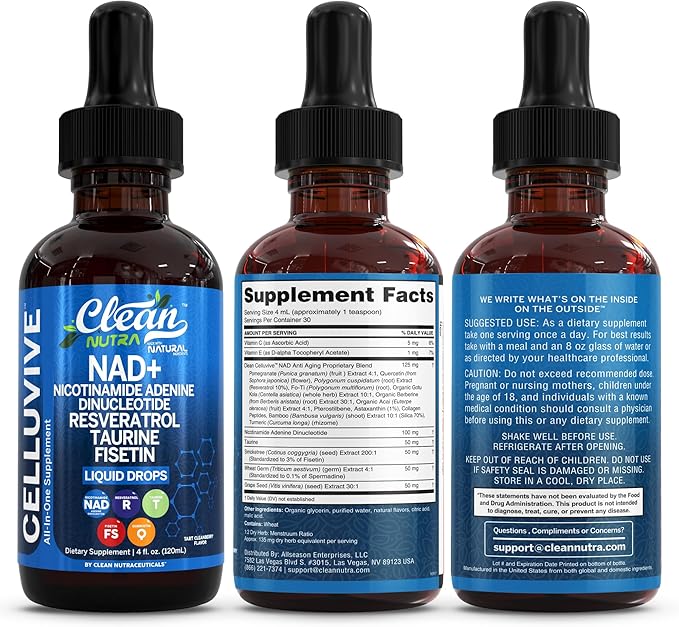 Liposomal NAD Resveratrol Supplement Liquid Drops for Women Taurine Fisetin Grape Seed Quercetin Berberine Astaxanthin Pterostilbene Spermidine Fo Ti Gotu Kola Anti Aging CelluVive by Clean Nutra 4oz
