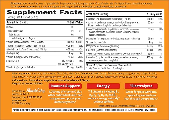 Emergen-C 1000mg Vitamin C Powder for Daily Immune Support Caffeine Free Vitamin C Supplements with Zinc and Manganese, B Vitamins and Electrolytes, Super Orange Flavor - 90 Count/3 Month Supply