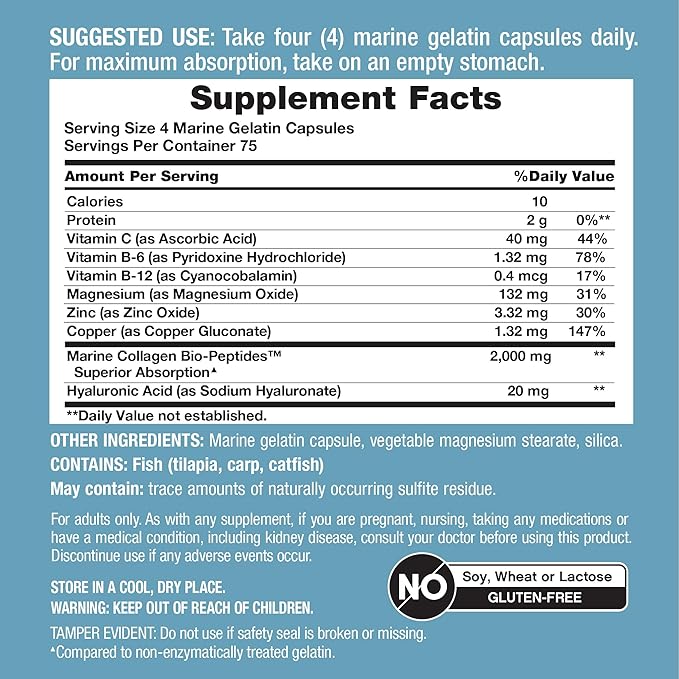 NeoCell Marine Collagen Peptides Capsules | 300 Pills | with Hyaluronic Acid | Plus Vitamin C | Superior Absorption Bio-Peptides for Women and Men | Premium Formula Supplement