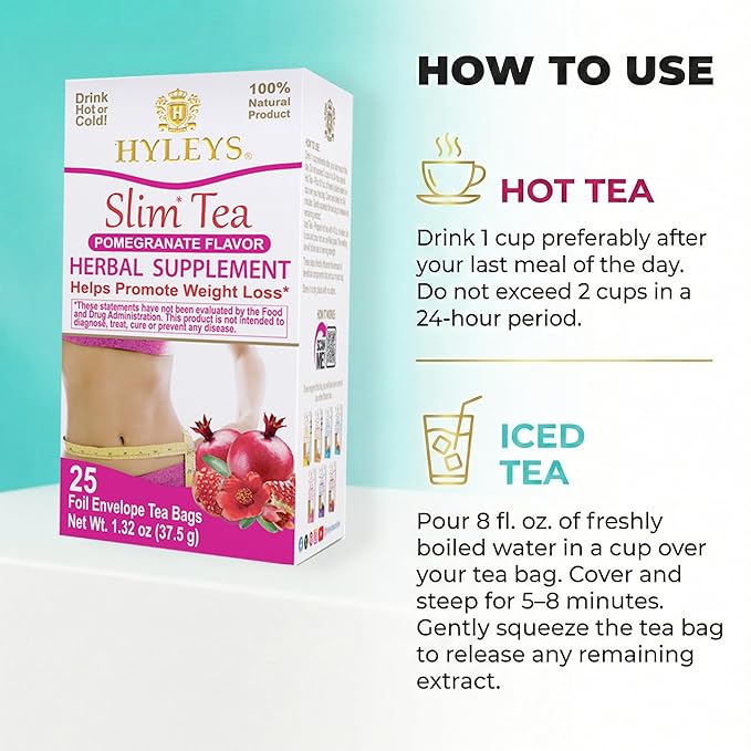 Hyleys Slim Tea Pomegranate Flavor - Weight Loss Herbal Supplement Cleanse and Detox - 25 Tea Bags (12 Pack)