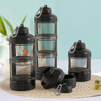 3-Layer Protein Powder Container with Funnel & Keychain, 50g Capacity Portable Supplement Dispenser, Leakproof Clear Stackable Organizer for Gym Travel Workout, BPA-Free Plastic (Black)