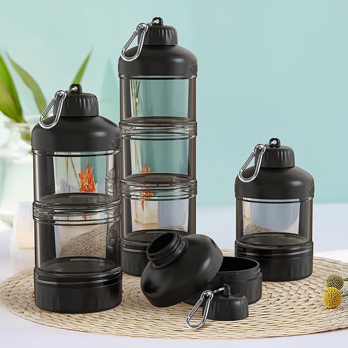 3-Layer Protein Powder Container with Funnel & Keychain, 50g Capacity Portable Supplement Dispenser, Leakproof Clear Stackable Organizer for Gym Travel Workout, BPA-Free Plastic (Black)