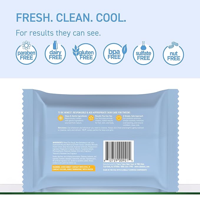 TBH Kids Gentle Face Wipes – Daily Cleansing & Hydrating Wipes for Preteens & Teens – Soothing Chamomile & Calendula – Sulfate & Paraben-Free – 30 Count (Pack of 2)