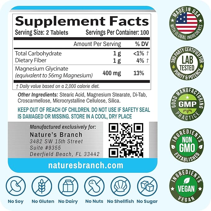Magnesium Glycinate 400mg | 200 Tablets | High Absorption Mag Supplements for Sleep, Leg Cramps, Heart, Muscle, Calm | Non Buffered Bisglycinate, Extra Strength for Women and Men, Tablets Not Capsules