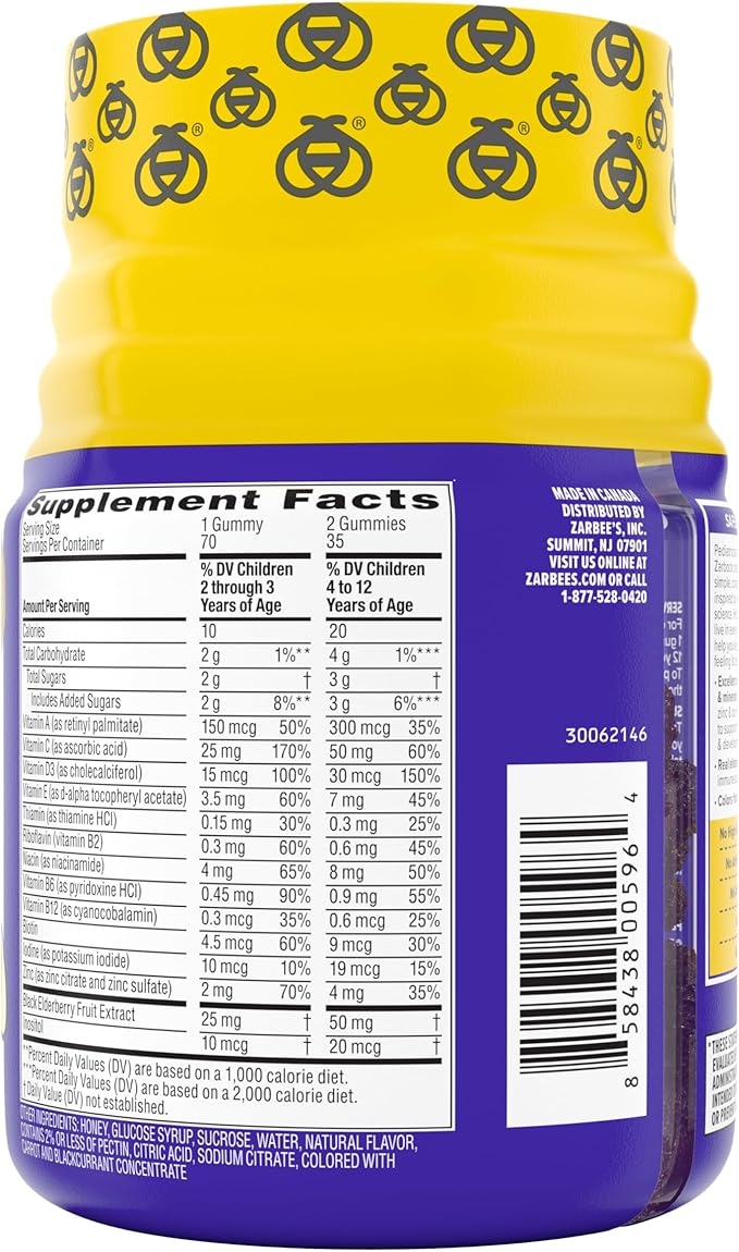 Zarbee's Complete Kids Multivitamin Gummies + Immune Support, Berry Flavor, Honey-Sweetened, Gluten-Free & Gelatin-Free, Vitamins A, C, D3, E, B6, B12, Folic Acid & B-Complex, 70 Count (Pack of 2)