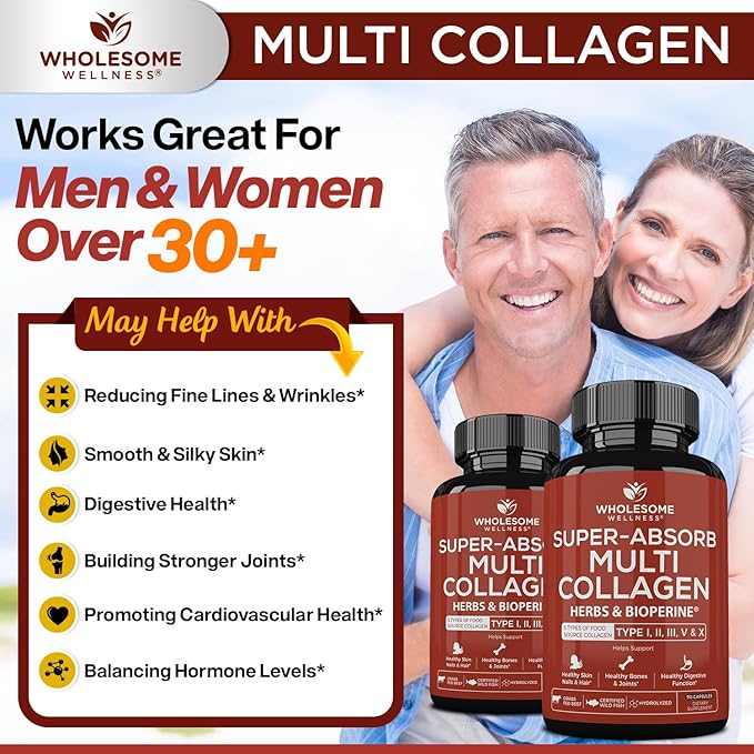 Wholesome Wellness Super-Absorb Multi Collagen Pills (Type I II III V X) Organic Herbs & Bioperine - Hair, Skin, Nails - Hydrolyzed Peptides Protein Supplement for Women & Men (90 Capsules)