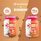 Dymatize x Dunkin' Cappuccino ISO100 Whey Protein Powder, 95mg Caffeine, 25g of Protein5.5g BCAAs, 120 Cal., Gluten Free, 1g Fat, 1g Sugar, 2g Carb (20 Servings)