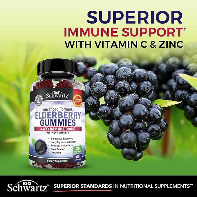 BioSchwartz Elderberry Gummies with Zinc and Vitamin C - Natural Immune Support for Adults & Kids - Black Sambucus Elderberries - Third-Party Tested, Non-GMO, Vegan Multimineral Supplement, 60 Count