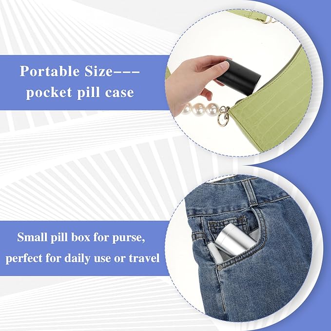 COMNICO 2pcs Portable Metal Pill Organizer, Round Daily Pill Box Holder Pocket Small Pill Case Medicine Organizer Vitamin Bottle Containers for Traveling Outdoor Fish Oils Supplements (Black+Silver)