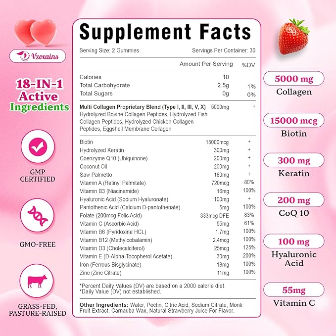 Collagen Peptides Gummies, Collagen Gummies for Women & Men, Type I,II,III,V,X Protein with Biotin, Hyaluronic Acid, Vitamin C for Healthy Skin | Strawberry Flavored, Sugar Free, 120 Cts