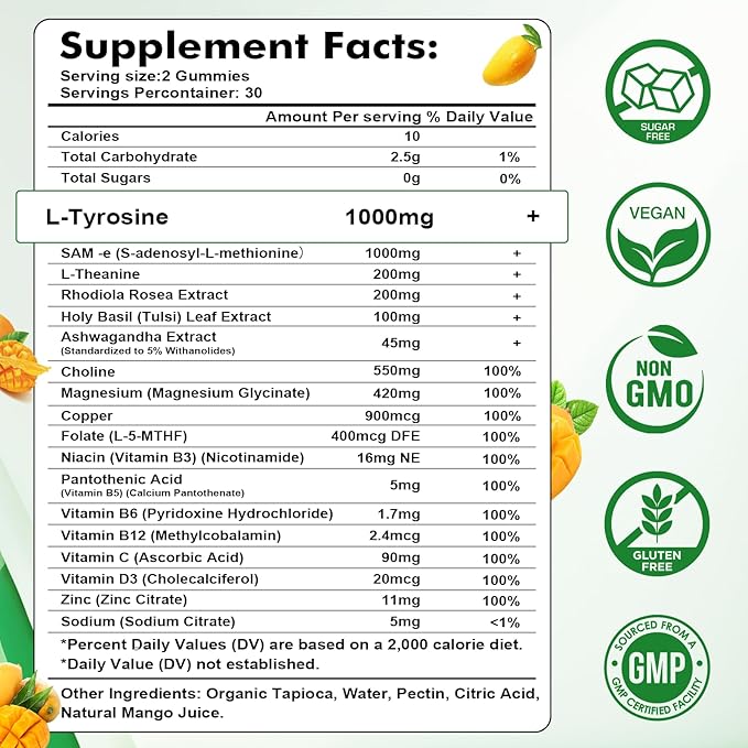 L-Tyrosine Gummies for Adults and Kids - L-Tyrosine Supplement Focus Gummies for Brain, Mood, Energy Support, Vegan & Gluten-Free, Mango Flavor, 120 Count