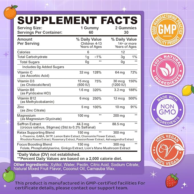 Saffron Gummies for Kids & Adults, 20-in-1 Saffron Supplements with 88.5mg Saffron Extract, B6, B12, C, D3, Magnesium for Calm, Focus, Nerve, Sugar Free, Vegan, Non-GMO, Mixed Fruit Flavor, 120 Counts