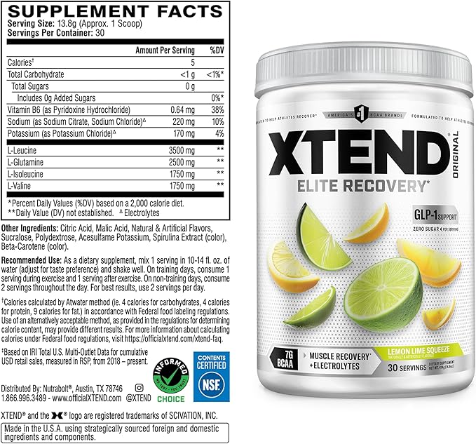 Xtend Original BCAA Powder, 7g BCAAs and 2.5g L-Glutamine for Muscle Recovery Hydration and Lean Muscle, Sugar Free Intra and Post Workout Drink with Electrolytes, Lemon Lime Squeeze, 30 Servings