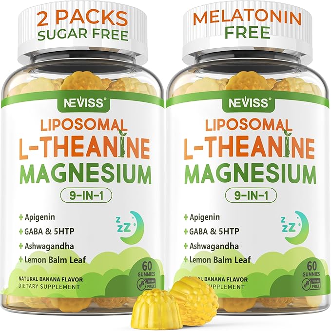 Liposomal L-Theanine 200mg Magnesium Glycinate 400mg Gummies with GABA, 5HTP, Apigenin, Vitamin B6 & D3, Ashwagandha, Lemon Balm Leaf, Melatonin Free Sleep Chewable for Relax Mood & Muscle, 2 Packs