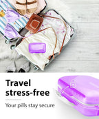 Travel Pill Organizer – Moisture-Proof Medicine Pill Organizer with Labels, 8 Compartment Pill Box Case for Vitamins & Supplements, Portable Pocket Pharmacy (Purple)