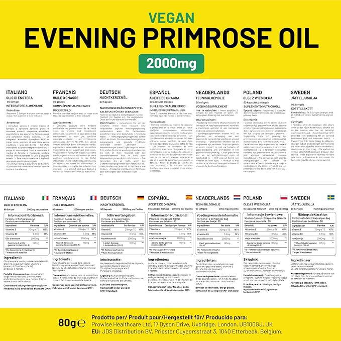 Vegan Evening Primrose Oil 2000mg with Vitamin E & B6 – 60 Vegan Softgels| Pure Cold Pressed I 180mg GLA per Capsule I Women's Health I Premium Quality I by Prowise Healthcare