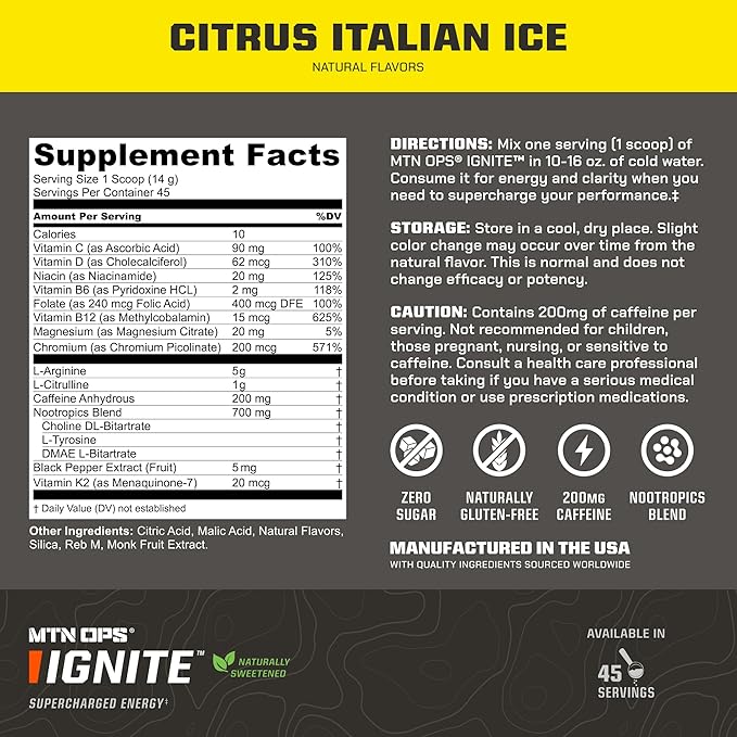 MTN OPS Ignite Sugar Free Energy Drink Powder Naturally Sweetened with Monk Fruit, 200mg Caffeine, Nootropic Blend for Energy & Focus, L Arginine & Citrulline, 45 Servings, Citrus Italian Ice