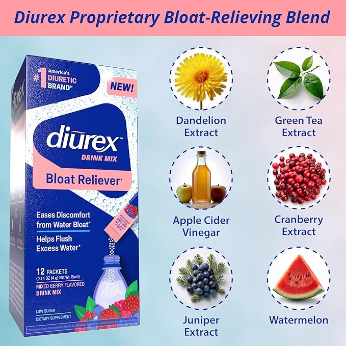 Diurex Drink Mix - Diuretic Supplement - Mixed Berry Flavor - Bloat Relief with Diurex Proprietary Bloat-Relieving Blend - Single Serve - 12 Pack