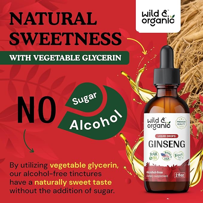 Wild & Organic Korean Red Ginseng Extract Drops - Immune Support - Panax Ginseng Supplement - Add to Tea Liquid Root Tincture - Vegan, Sugar & Alcohol-Free - 2 fl oz