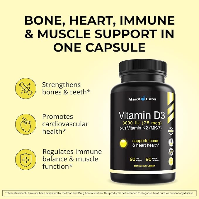 Vitamin D3 K2 3000 IU - with Vitamin K as MK-7 from Natto - High Potency Vitamin D Supplement Support Healthy Bones, Teeth, Heart & Immune Function, Gluten-Free - 90 Capsules