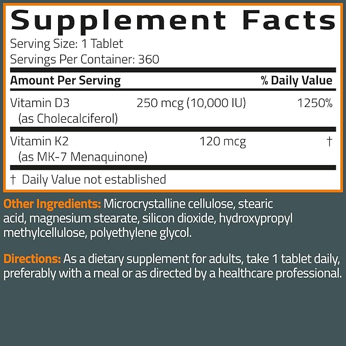 Bronson Vitamin K2 (MK7) with D3 Supplement Extra Strength 2 in 1 Support, 10,000 IU Vitamin D3 & 120 mcg K2 MK-7, 360 Tablets