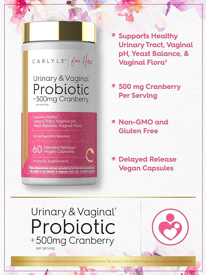 Carlyle Urinary and Vaginal Probiotic for Women | 60 Capsules | with Cranberry | Supports Healthy Urinary Tract, Vaginal pH, Yeast Balance, Vaginal Flora | Vegan, Non-GMO and Gluten Free | for Her